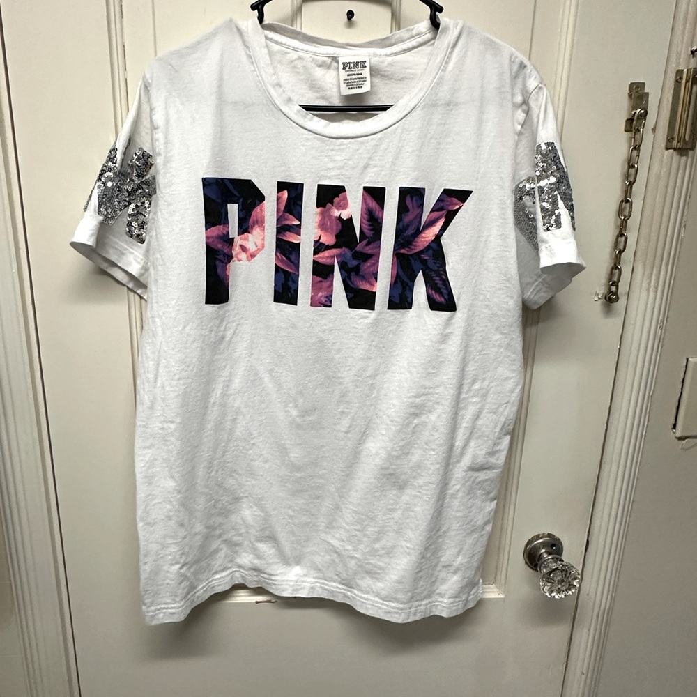 Victoria Secret PINK White Floral Bling T-shirt Sz L